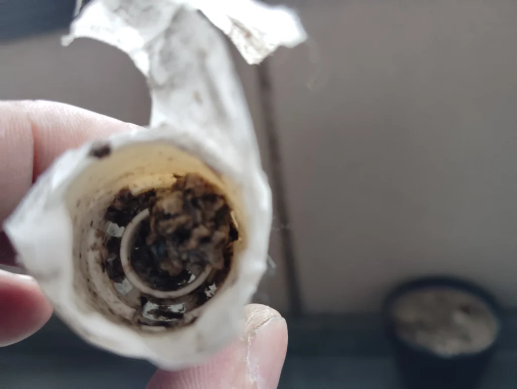 ドレンホースの先端にゴミが詰まって水漏れの原因になっている