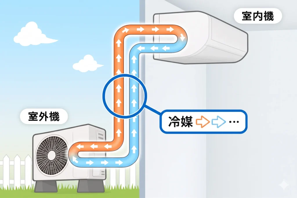 エアコンの冷媒ガスが室内機と室外機を循環する図
